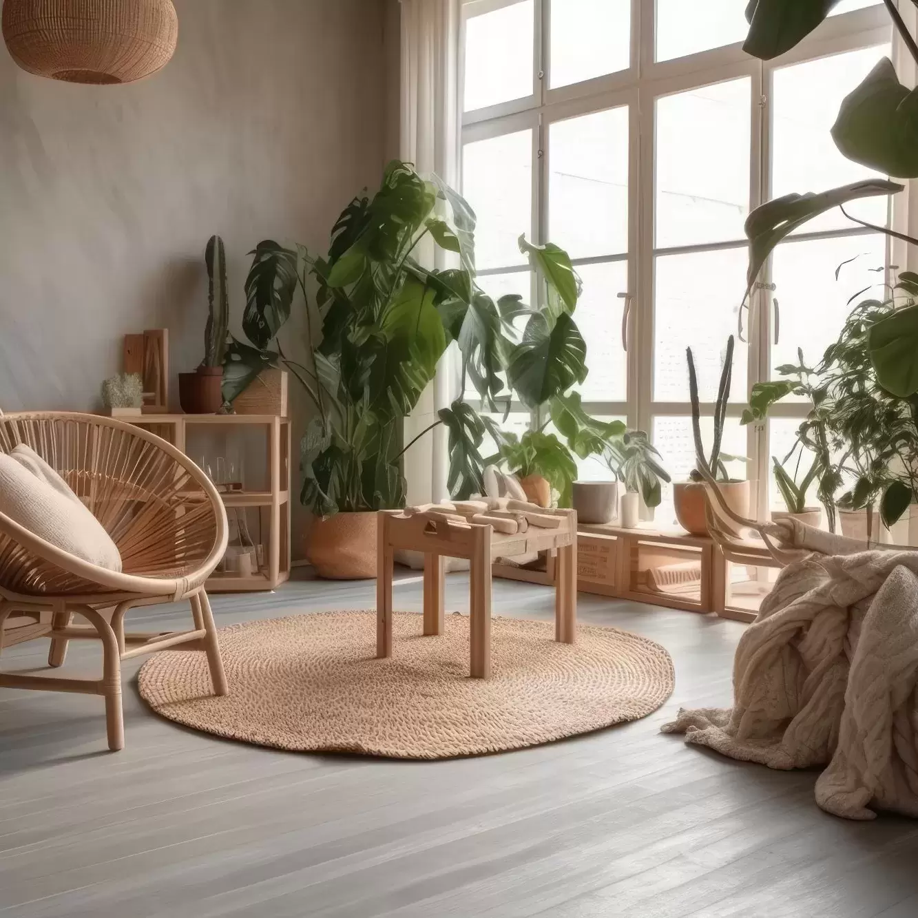 An apartment decorated with cute furniture and many plants.